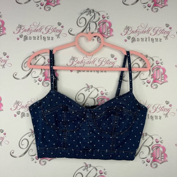 Garage polka dot denim jean crop top bustier style tank top blue white fitted - Picture 5 of 7